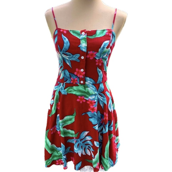 Hollister Red Blue & Green Tropical Botanical Palms Floral Dress Size S - Picture 10 of 11